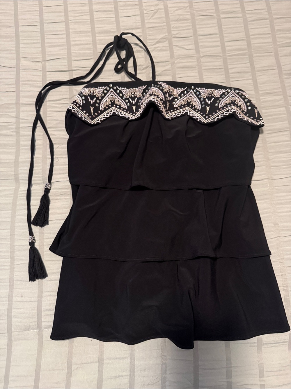 White House Black Market Black Strapless Tiered Dress with Embroidered Trim